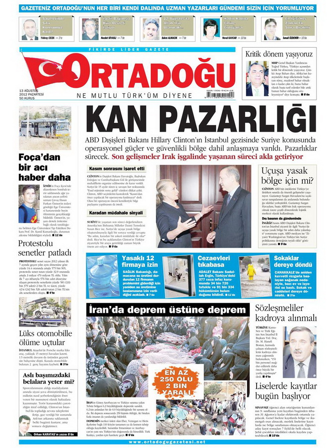 Gazete Manşetleri - 13 Ağustos 2012 Pazartesi 14