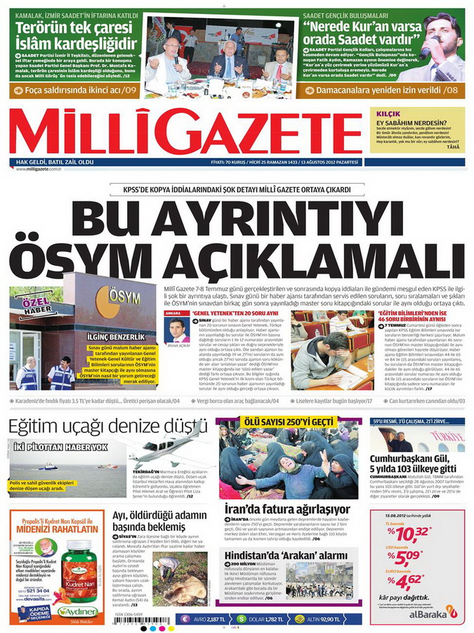 Gazete Manşetleri - 13 Ağustos 2012 Pazartesi 16