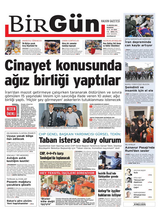 Gazete Manşetleri - 13 Ağustos 2012 Pazartesi 23