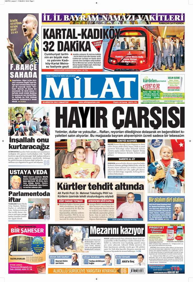 Gazete Manşetleri - 18 Ağustos Cumartesi 17