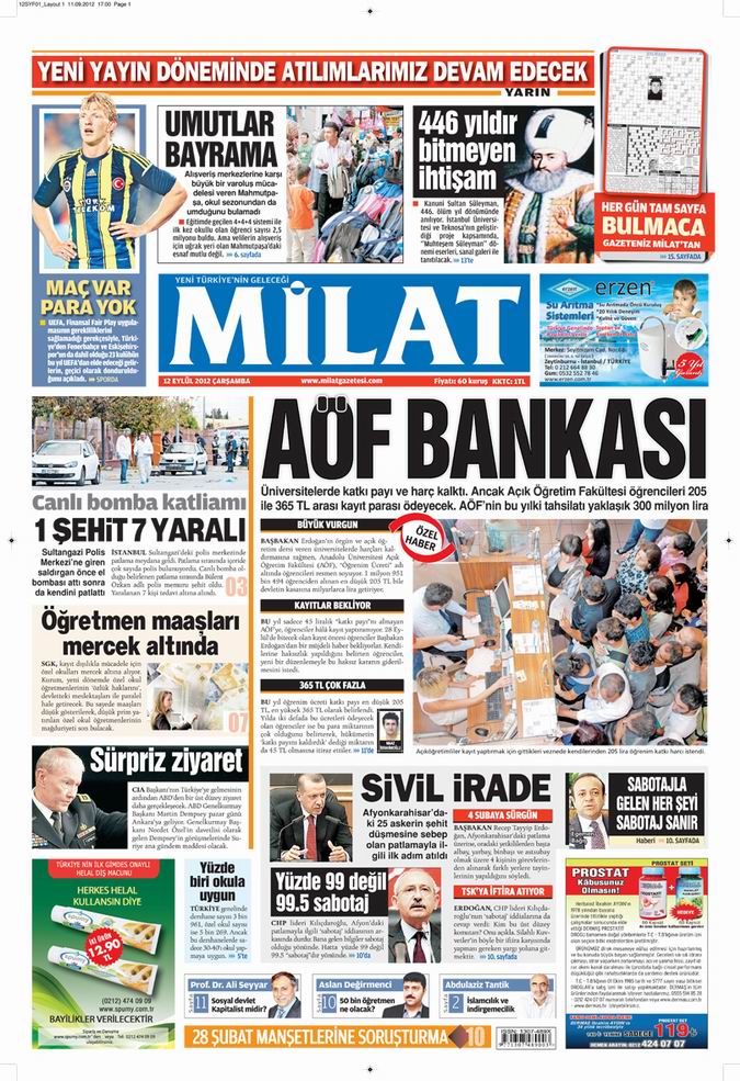Gazete Manşetleri - 12 Eylül Çarşamba 17