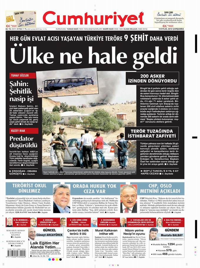 Gazete Manşetleri - 19 Eylül Çarşamba 22