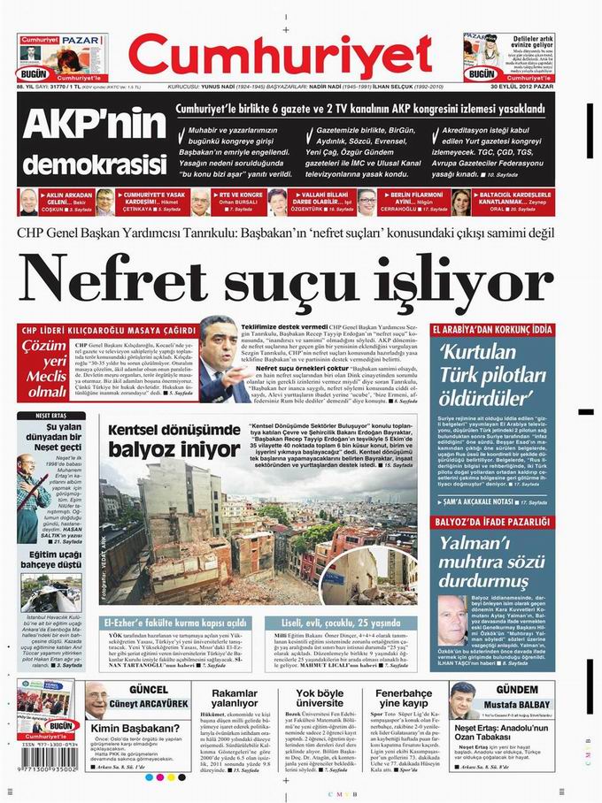 Gazete Manşetleri - 30 Eylül Pazar 19