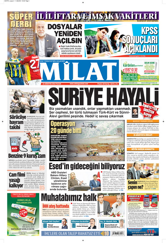 Gazete Manşetleri - 12 Ağustos 2012 Pazar 16