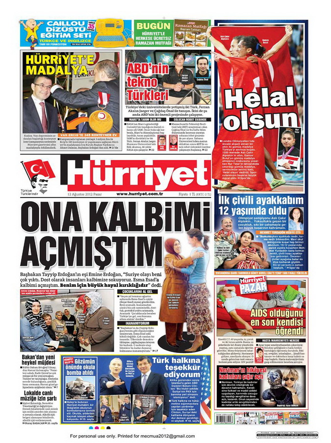Gazete Manşetleri - 12 Ağustos 2012 Pazar 17