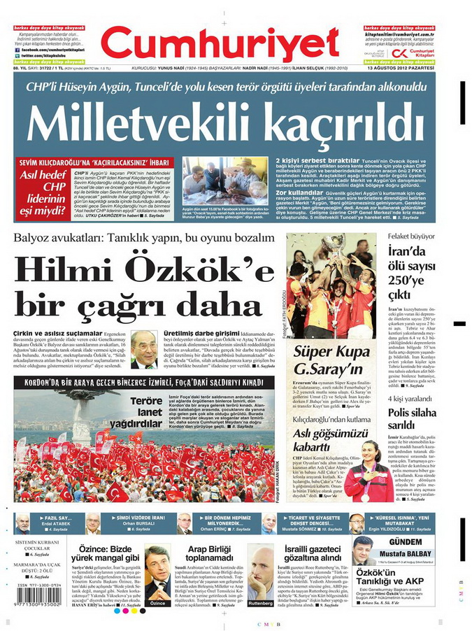 Gazete Manşetleri - 13 Ağustos 2012 Pazartesi 21