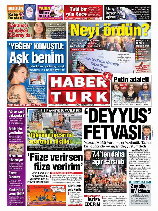 Gazete Manşetleri - 18 Ağustos Cumartesi 19
