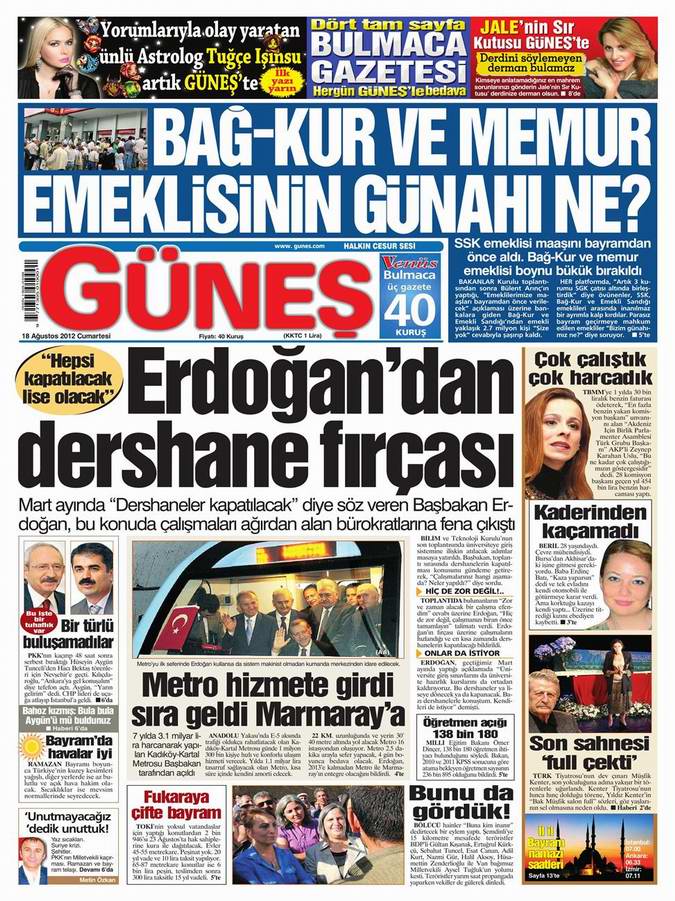 Gazete Manşetleri - 18 Ağustos Cumartesi 20