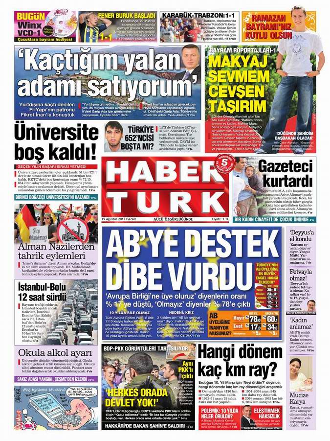 Gazete Manşetleri - 19 Ağustos Pazar 19