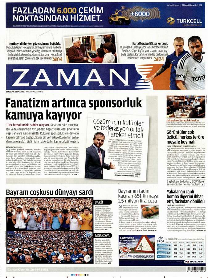 Gazete Manşetleri - 20 Ağustos Pazartesi 1