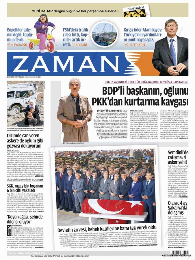 Gazete Manşetleri - 23 Ağustos Perşembe 1