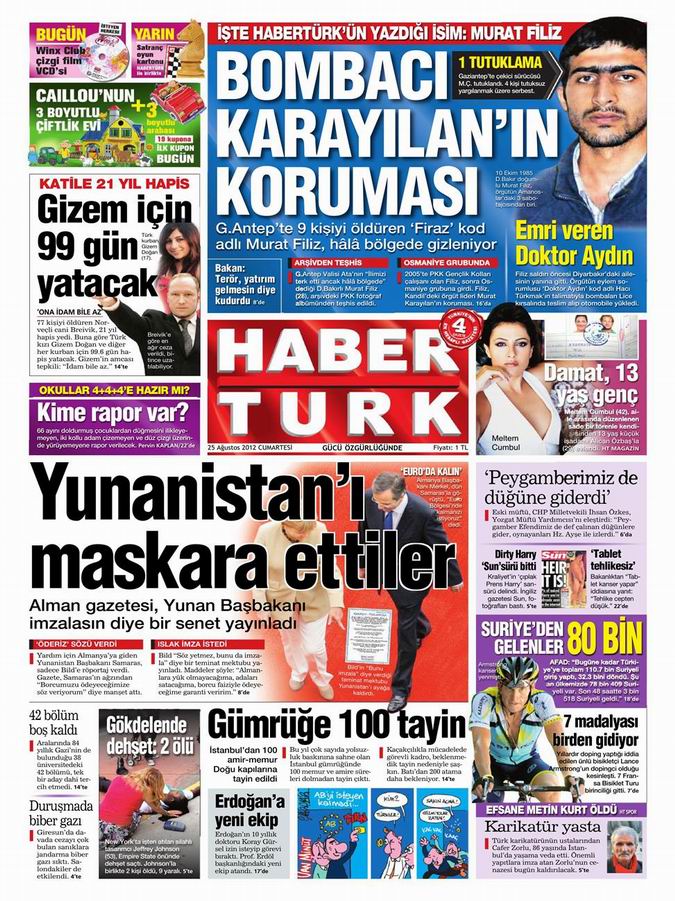 Gazete Manşetleri - 25 Ağustos Cumartesi 17