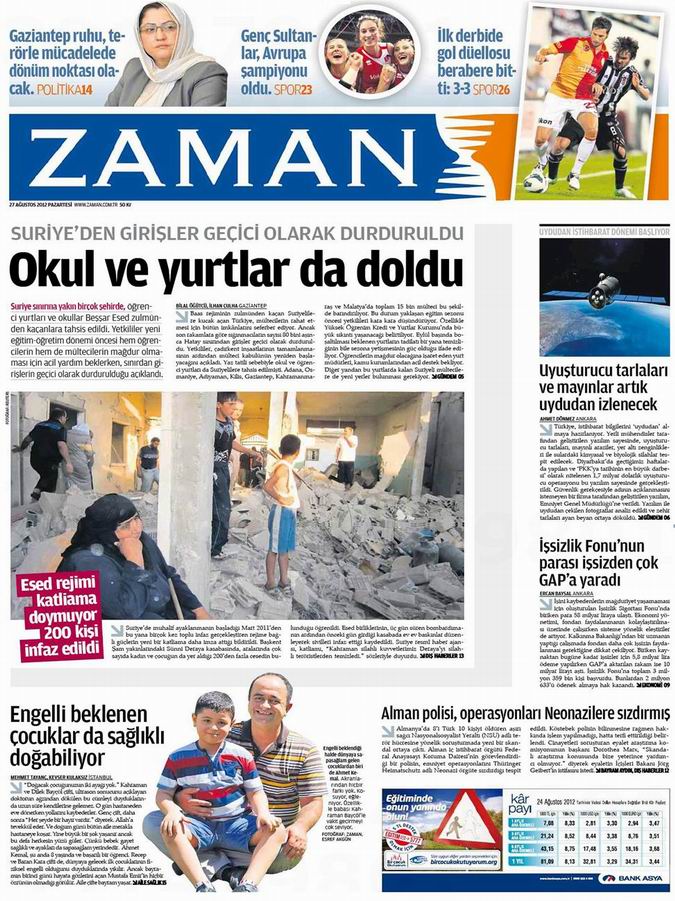Gazete Manşetleri - 27 Ağustos Pazartesi 1