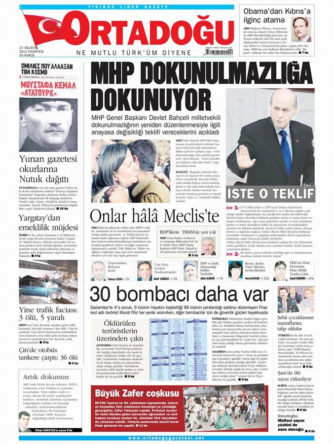 Gazete Manşetleri - 27 Ağustos Pazartesi 12