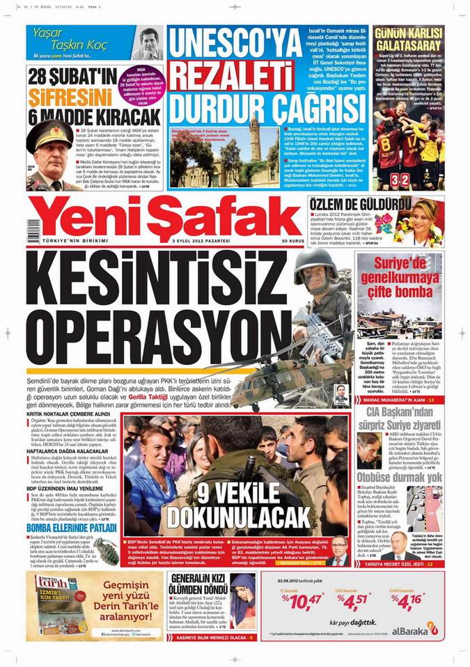 Gazete Manşetleri - 3 Eylül Pazartesi 2