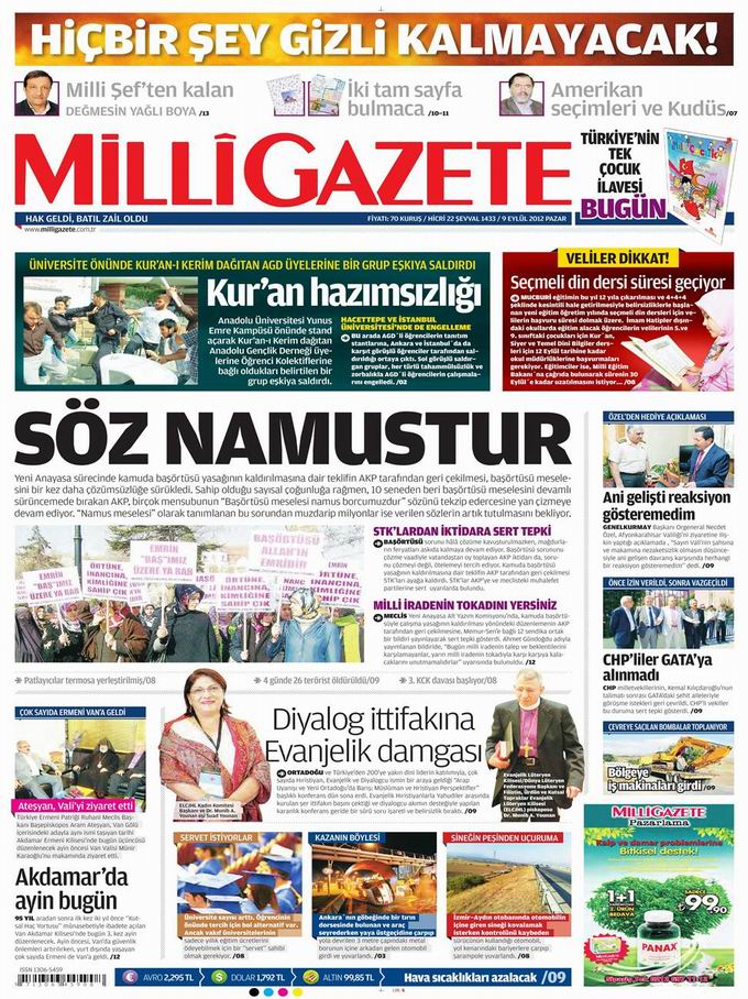 Gazete Manşetleri - 9 Eylül Pazar 15