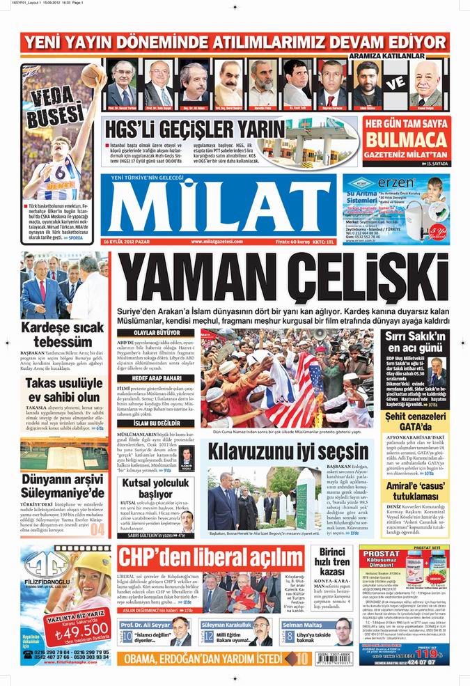 Gazete Manşetleri - 16 Eylül Pazar 17