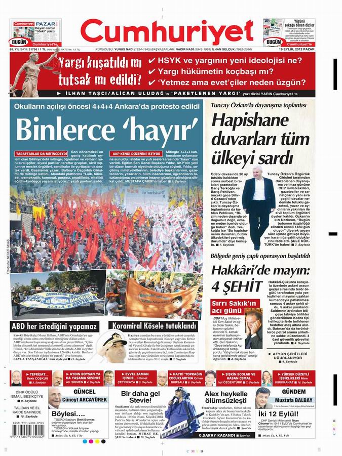 Gazete Manşetleri - 16 Eylül Pazar 21