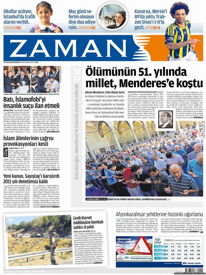 Gazete Manşetleri - 17 Eylül Pazartesi 1