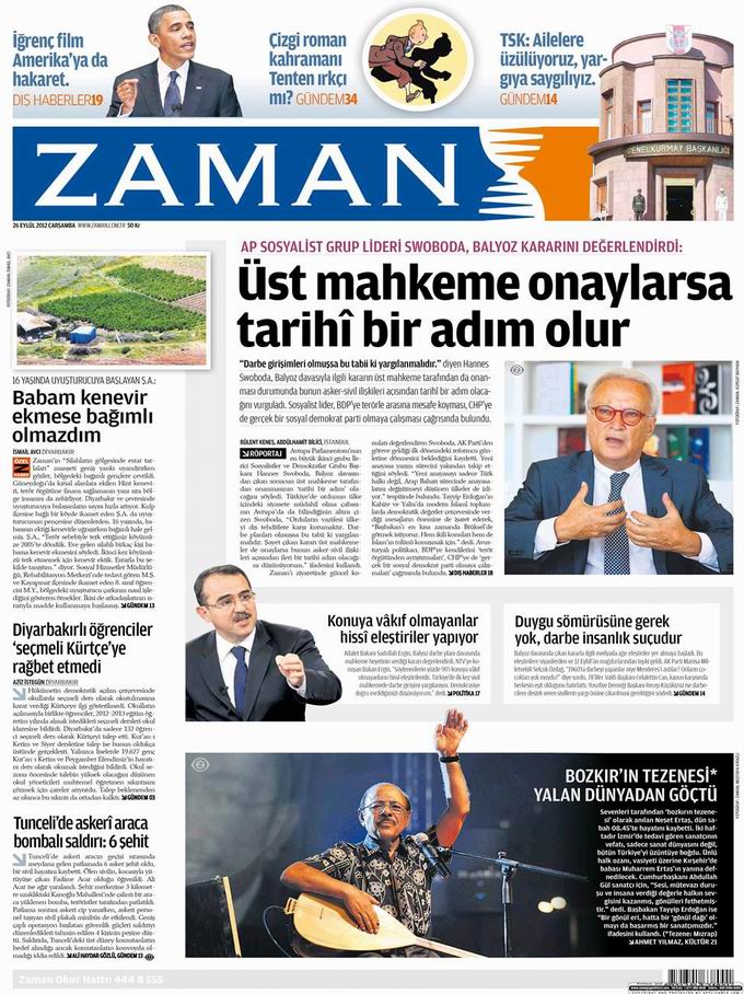 Gazete Manşetleri - 26 Eylül Çarşamba 1
