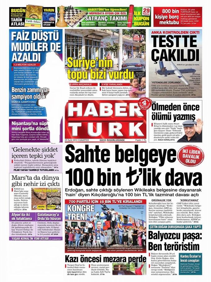 Gazete Manşetleri - 29 Eylül Cumartesi 19