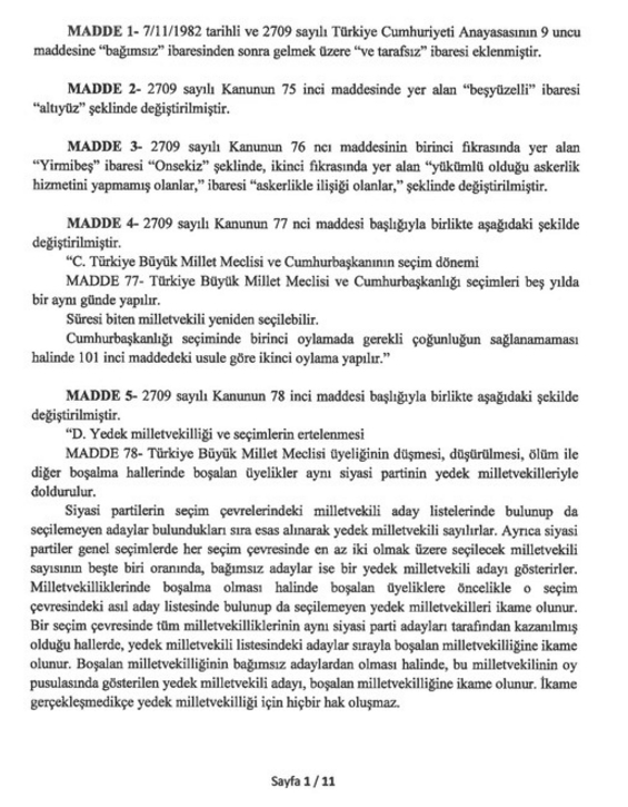Anayasa’nın Değiştirilecek 21 Maddesi 1