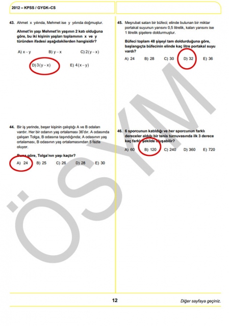 2012 KPSS Soru ve Cevapları 12