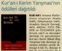 KUR'AN-I KERİM YARIŞMASI'NIN ÖDÜLLERİ DAĞITILDI