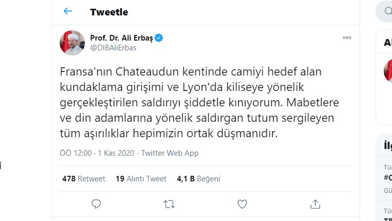 Diyanet İşleri Başkanı Erbaş'tan Fransa'daki cami ve kilise saldırılarına kınama