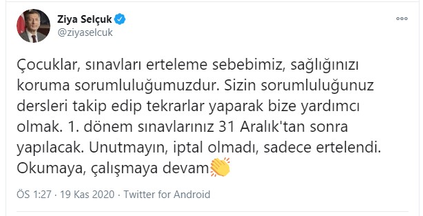 Milli Eğitim Bakanı Selçuk öğrencilere seslendi: 1. dönem sınavlarınız 31 Aralık'tan sonra yapılacak