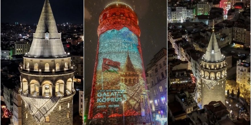 İstanbul'da Galata Kulesi'ne Filistin kefiyesi asıldı