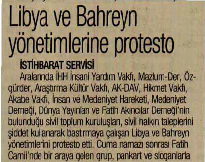 Libya ve Bahreyn Yönetimlerine Protesto