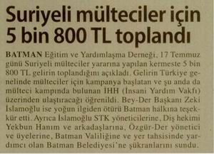 Suriyeli Mülteciler İçin 5 Bin 800 TL Toplandı