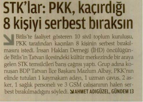 STK'lar : PKK Kaçırdığı 8 Kişiyi Serbest Bıraksın
