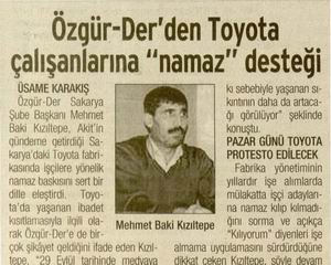 Özgür-Der'den Toyota Çalışanlarına "Namaz" Desteği