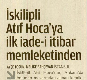 İskilipli Atıf Hoca'ya İlk İade-i İtibar Memleketinden