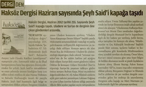 Haksöz Dergisi Haziran Sayısında Şeyh Said'i Kapağa Taşıdı