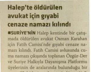 Halep'te Öldürülen Avukat İçin Gıyabi Cenaze Namazı Kılındı