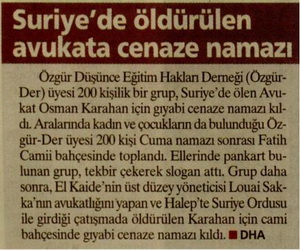 Suriye'de Öldürülen Avukata Cenaze Namazı