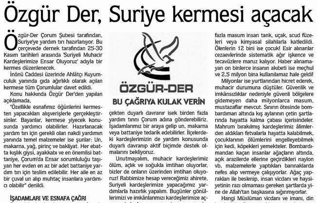 Özgür-Der, Suriye Kermesi Açacak