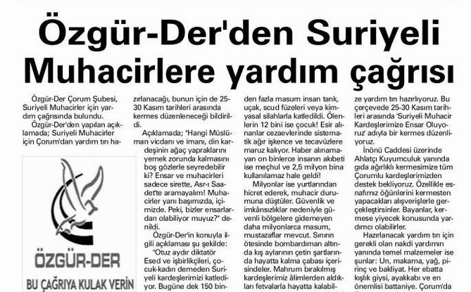 Özgür-Der'den Suriyeli Muhacirlere Yardım Çağrısı