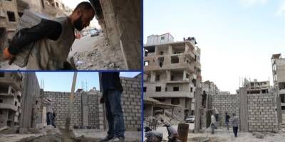 Suriyeliler savaşta yıkılan binaların enkazından tuğla üreterek evlerini yeniden inşa etmeye çalışıyor